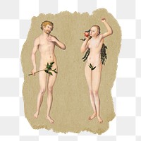 Adam and Eve png sticker, vintage artwork, transparent background, ripped paper badge