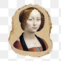 Woman png sticker, da Vinci-inspired artwork, transparent background, ripped paper badge, remixed by rawpixel