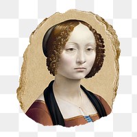 Woman png sticker, da Vinci-inspired artwork, transparent background, ripped paper badge, remixed by rawpixel