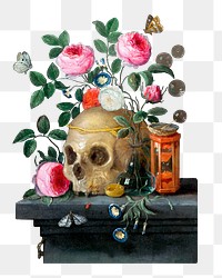 Png Jan van Kessel's sticker, Vanitas Still Life vintage illustration, transparent background