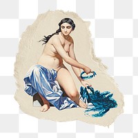 Png naked Japanese woman sticker, vintage artwork, transparent background, ripped paper badge