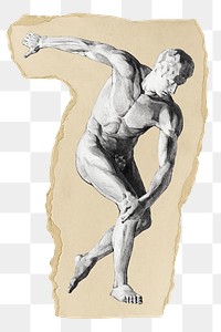 Naked man png sticker, vintage artwork, transparent background, ripped paper badge