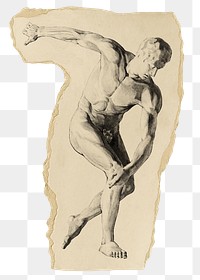 Naked man png sticker, vintage artwork, transparent background, ripped paper badge