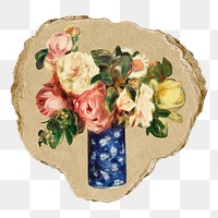 Rose bouquet png sticker, Renoir-inspired artwork, transparent background, ripped paper badge, remixed by rawpixel