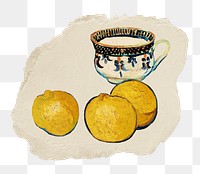 Png tea cup and fruit sticker, van Gogh-inspired still life artwork, transparent background, ripped paper badge, remixed by rawpixel