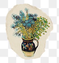 Flower bouquet png sticker, van Gogh-inspired artwork, transparent background, ripped paper badge, remixed by rawpixel