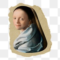 Vermeer, young woman png sticker, vintage artwork, transparent background, ripped paper badge