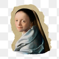 Vermeer, young woman png sticker, vintage artwork, transparent background, ripped paper badge