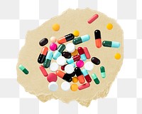 Colorful pill capsules png ripped paper sticker, medicine graphic, transparent background