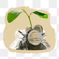 Growing spout png on coins ripped paper sticker, finance, savings graphic, transparent background