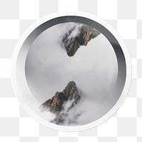 Png foggy mountain peaks sticker, nature in circle frame, transparent background