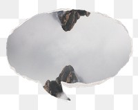 Png foggy mountain peaks nature sticker, ripped paper speech bubble, transparent background