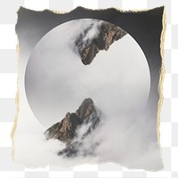 Png foggy mountain peaks nature sticker, ripped paper, transparent background