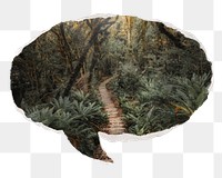 Forest pathway png nature sticker, ripped paper speech bubble, transparent background