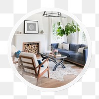 Png cozy living room sticker, interior in circle frame, transparent background