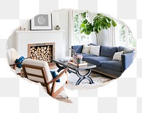 Png cozy interior living room sticker, ripped paper speech bubble, transparent background