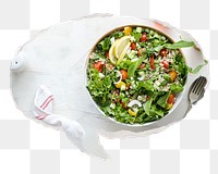 Healthy salad bowl png sticker, ripped paper speech bubble, transparent background