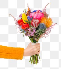 PNG flower bouquet, held by hand, collage element