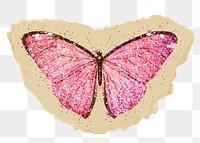 Pink glittery png butterfly sticker, ripped paper on transparent background