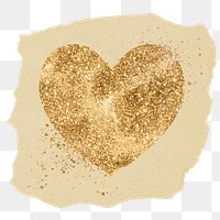 Gold glitter png heart sticker, ripped paper on transparent background