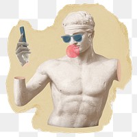 Greek god using phone png sticker, ripped paper, transparent background