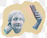 Greek goddess taking selfie png sticker, ripped paper, transparent background