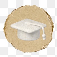 Graduation cap png education icon sticker, ripped paper badge, transparent background