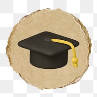 Graduation cap png education icon sticker, ripped paper badge, transparent background