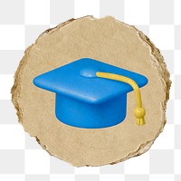 Graduation cap png education icon sticker, ripped paper badge, transparent background