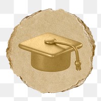 Graduation cap png education icon sticker, ripped paper badge, transparent background