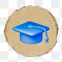 Graduation cap png education icon sticker, ripped paper badge, transparent background