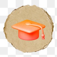 Graduation cap png education icon sticker, ripped paper badge, transparent background