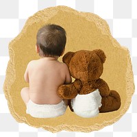 Teddy bear png hugging baby sticker, ripped paper on transparent background