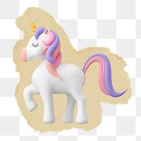 3D unicorn png sticker, ripped paper, transparent background