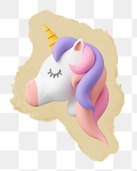 3D unicorn png sticker, ripped paper, transparent background