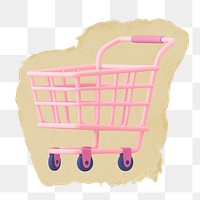 3D shopping cart png sticker, ripped paper, transparent background