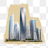 City skyline png torn paper border sticker, office buildings & skyscrapers, transparent background