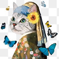 Png cat head woman sticker, Johannes Vermeer's artwork remixed by rawpixel, transparent background