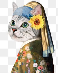 Png cat head woman sticker, Johannes Vermeer's artwork remixed by rawpixel, transparent background