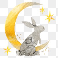 Moon rabbit png sticker, paper texture, aesthetic collage element, transparent background