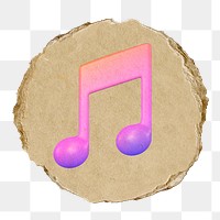 Music note png icon sticker, ripped paper badge, transparent background