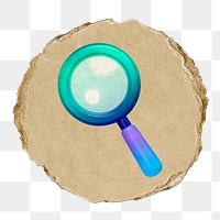 Magnifying glass png icon sticker, ripped paper badge, transparent background