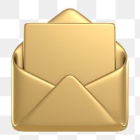 Gold envelope png, email icon sticker, 3D rendering, transparent background