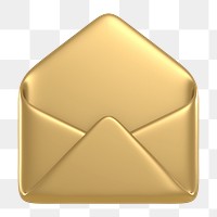 Gold envelope png, email icon sticker, 3D rendering, transparent background