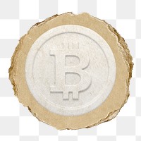 White bitcoin, cryptocurrency png icon sticker, ripped paper badge, transparent background