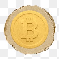 Gold bitcoin, cryptocurrency png icon sticker, ripped paper badge, transparent background