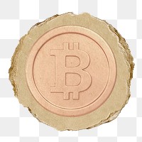 Pink bitcoin, cryptocurrency png icon sticker, ripped paper badge, transparent background