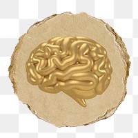 Gold brain png icon sticker, ripped paper badge, transparent background