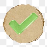 Tick mark png, green icon sticker, ripped paper badge, transparent background