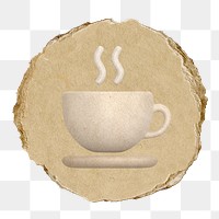 Coffee mug png icon sticker, ripped paper badge, transparent background